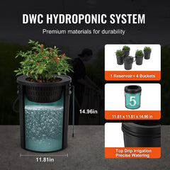 RDWC Hydroponics Grow System, Hydroponic Growing Kit with Top Drip, Recirculating Deep Water Culture 4 Buckles and 1 Reservoir, with Air Pump and Water Level Device for Leafy Vegetables