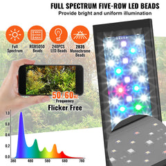 Aquarium Light, 48W Full Spectrum Fish Tank Light with 24/7 Natural Mode, Adjustable Timer & 5-Level Brightness, with Aluminum Alloy Shell Extendable Brackets for 48"-54" Freshwater Planted Tank