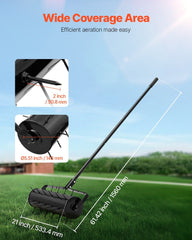Rolling Lawn Aerator, 525mm Heavy-Duty Manual Rolling Aerator Lawn with Detachable Handle and 33 Iron Spikes, Rolling Lawn Aeration Tool for Garden Patio Yard Compacted Soils and Lawns, Black