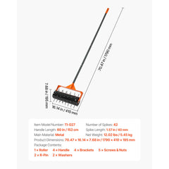 Rolling Lawn Aerator, 410mm Manual Push Aerator Roller with 42 Spikes & 60 in Long Handle, Fillable Drum for Added Weight, Heavy-Duty Lawn Soil Penetrator for Garden Yard Compacted Soils