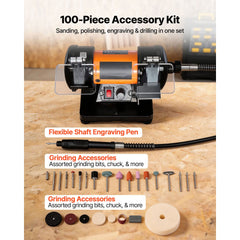 Bench Buffer Polisher, 8300-10600 RPM Adjustable Speed, Polishing & Buffing Machine with Grinding, Fiber, and Wool Wheels, 100-Piece Accessory Kit, for Jewelry, Wood, Metal, Raw Stone, Jade DIY