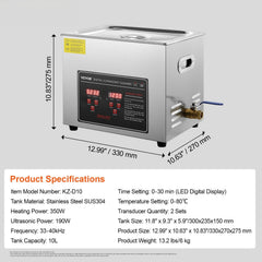 Ultrasonic Cleaner with Digital Timer & Heater, Professional Ultra Sonic Jewelry Cleaner, Stainless Steel Heated Cleaning Machine for Glasses Watch Rings Small Parts Circuit Board (10L)
