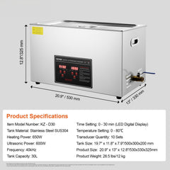 Ultrasonic Cleaner with Digital Timer & Heater, Professional Ultra Sonic Jewelry Cleaner, Stainless Steel Heated Cleaning Machine for Glasses Watch Rings Small Parts Circuit Board (30L)