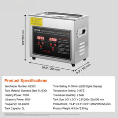 Ultrasonic Cleaner with Digital Timer & Heater, Professional Ultra Sonic Jewelry Cleaner, Stainless Steel Heated Cleaning Machine for Glasses Watch Rings Small Parts Circuit Board (3L)