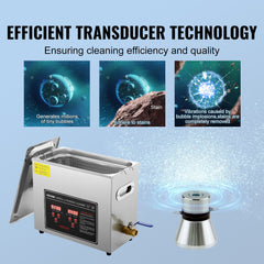 Ultrasonic Cleaner with Digital Timer & Heater, Professional Ultra Sonic Jewelry Cleaner, Stainless Steel Heated Cleaning Machine for Glasses Watch Rings Small Parts Circuit Board (6L)