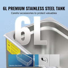 Ultrasonic Cleaner with Digital Timer & Heater, Professional Ultra Sonic Jewelry Cleaner, Stainless Steel Heated Cleaning Machine for Glasses Watch Rings Small Parts Circuit Board (6L)