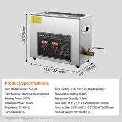 Ultrasonic Cleaner with Digital Timer & Heater, Professional Ultra Sonic Jewelry Cleaner, Stainless Steel Heated Cleaning Machine for Glasses Watch Rings Small Parts Circuit Board (6L)