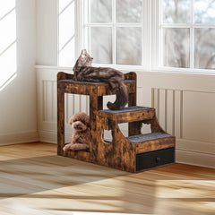Pet Bunk Bed with Stairs Dog/Cat Window Perch with Storage Indoor Brown