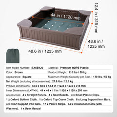 Sandbox with Cover, 48.6x48.6x12.4 in Square Sand Box, HDPE Sand Pit with 4 Corner Seating and Bottom Liner, Kids Sandbox for Outdoor Backyard, Beach, Park, Gift for Boys Girls Ages 3-12, Brown
