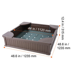 Sandbox with Cover, 48.6x48.6x12.4 in Square Sand Box, HDPE Sand Pit with 4 Corner Seating and Bottom Liner, Kids Sandbox for Outdoor Backyard, Beach, Park, Gift for Boys Girls Ages 3-12, Brown