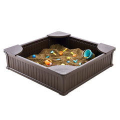 Sandbox with Cover, 48.6x48.6x12.4 in Square Sand Box, HDPE Sand Pit with 4 Corner Seating and Bottom Liner, Kids Sandbox for Outdoor Backyard, Beach, Park, Gift for Boys Girls Ages 3-12, Brown
