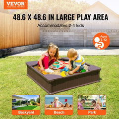 Sandbox with Cover, 48.6x48.6x12.4 in Square Sand Box, HDPE Sand Pit with 4 Corner Seating and Bottom Liner, Kids Sandbox for Outdoor Backyard, Beach, Park, Gift for Boys Girls Ages 3-12, Brown