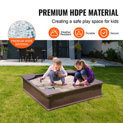 Sandbox with Cover, 48.6x48.6x12.4 in Square Sand Box, HDPE Sand Pit with 4 Corner Seating and Bottom Liner, Kids Sandbox for Outdoor Backyard, Beach, Park, Gift for Boys Girls Ages 3-12, Brown