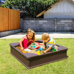 Sandbox with Cover, 48.6x48.6x12.4 in Square Sand Box, HDPE Sand Pit with 4 Corner Seating and Bottom Liner, Kids Sandbox for Outdoor Backyard, Beach, Park, Gift for Boys Girls Ages 3-12, Brown