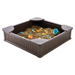 Sandbox with Cover, 48.6x48.6x12.4 in Square Sand Box, HDPE Sand Pit with 4 Corner Seating and Bottom Liner, Kids Sandbox for Outdoor Backyard, Beach, Park, Gift for Boys Girls Ages 3-12, Brown