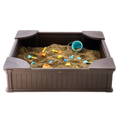 Sandbox with Cover, 48.6x48.6x12.4 in Square Sand Box, HDPE Sand Pit with 4 Corner Seating and Bottom Liner, Kids Sandbox for Outdoor Backyard, Beach, Park, Gift for Boys Girls Ages 3-12, Brown