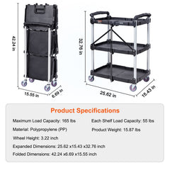 Foldable Utility Service Cart, 3 Shelf 165LBS Heavy Duty Plastic Rolling Cart with Lockable Wheels, Ergonomic Handle, Portable Garage Tool Cart for Warehouse/Office/Home(25.62"x15.43"x32.76")