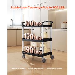 Utility Cart, 300 lbs Load Capacity, 3-tier Utility Plastic Cart with 360° Swivel Wheels (2 with Brakes), 24.4 x 16.1-inch Food Service Cart for Warehouse, Office, Home, Restaurant, Kitchen