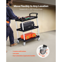 Utility Cart, 300 lbs Load Capacity, 3-tier Utility Plastic Cart with 360° Swivel Wheels (2 with Brakes), 24.4 x 16.1-inch Food Service Cart for Warehouse, Office, Home, Restaurant, Kitchen