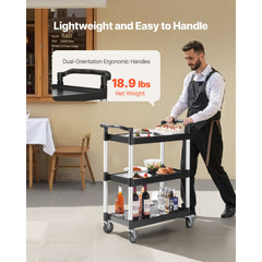 Utility Cart, 300 lbs Load Capacity, 3-tier Utility Plastic Cart with 360° Swivel Wheels (2 with Brakes), 24.4 x 16.1-inch Food Service Cart for Warehouse, Office, Home, Restaurant, Kitchen