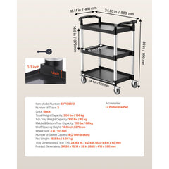 Utility Cart, 300 lbs Load Capacity, 3-tier Utility Plastic Cart with 360° Swivel Wheels (2 with Brakes), 24.4 x 16.1-inch Food Service Cart for Warehouse, Office, Home, Restaurant, Kitchen