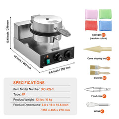 Electric Ice Cream Cone Maker, Commercial 1230W Waffle Cone Machine, Non-Stick Stainless Steel Egg Roll Mold, with Temperature and Time Control, Handle, for Restaurant Bakery Snack Bar Family