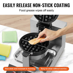 Commercial Waffle Maker, 1300W Round Waffle Baker Machine, Non-Stick Stainless Steel Belgian Waffle Iron, Temperature and Time Control, 180° Rotatable, for Restaurant Bakery Snack Bar Family