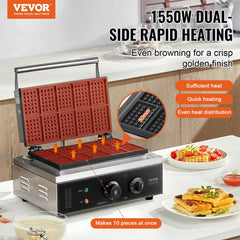 Commercial Waffle Maker, 10PCS Rectangle Waffle Baker Machine, 1550W Non-Stick Stainless Steel Belgian Waffle Iron with Temp and Time Control, Handle, for Restaurant Bakery Snack Bar Family