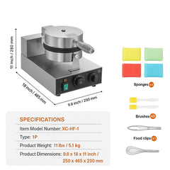 Commercial Waffle Maker, 1230W Round Waffle Baker Machine, Non-Stick Stainless Steel Belgian Waffle Iron with Temperature and Time Control, Handle, for Restaurant Bakery Snack Bar Family