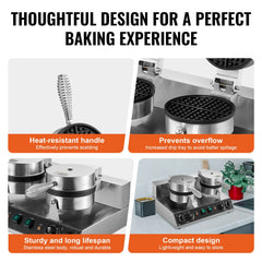 Commercial Waffle Maker, Dual-Head Round Waffle Baker Machine, 2460W Non-Stick Stainless Steel Belgian Waffle Iron with Temp and Time Control, Handle, for Restaurant Bakery Snack Bar Family