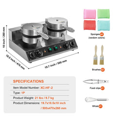 Commercial Waffle Maker, Dual-Head Round Waffle Baker Machine, 2460W Non-Stick Stainless Steel Belgian Waffle Iron with Temp and Time Control, Handle, for Restaurant Bakery Snack Bar Family