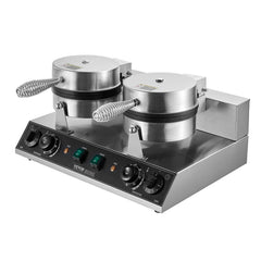Commercial Waffle Maker, Dual-Head Round Waffle Baker Machine, 2460W Non-Stick Stainless Steel Belgian Waffle Iron with Temp and Time Control, Handle, for Restaurant Bakery Snack Bar Family