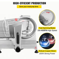 Commercial Meat Slicer, 200W Electric Deli Food Slicer, 350-400RPM Meat Slicer with 8" Carbon Steel Blade, 0 - 0.47 inch Adjustable Thickness Electric Meat Slicer for Home and Commercial Use