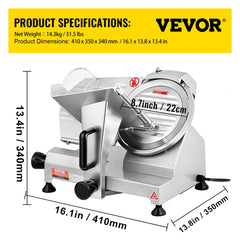 Commercial Meat Slicer, 200W Electric Deli Food Slicer, 350-400RPM Meat Slicer with 8" Carbon Steel Blade, 0 - 0.47 inch Adjustable Thickness Electric Meat Slicer for Home and Commercial Use