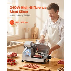 Commercial Meat Slicer, 240W Electric Deli Food Slicer with 250mm Carbon Steel Blade, Built-In Sharpener & 0-12mm Adjustable Thickness for Frozen Meat, Ham, Baguett, Steak