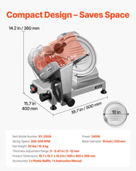 Commercial Meat Slicer, 240W Electric Deli Food Slicer with 250mm Carbon Steel Blade, Built-In Sharpener & 0-12mm Adjustable Thickness for Frozen Meat, Ham, Baguett, Steak