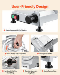 Commercial Meat Slicer, 240W Electric Deli Food Slicer with 250mm Carbon Steel Blade, Built-In Sharpener & 0-12mm Adjustable Thickness for Frozen Meat, Ham, Baguett, Steak