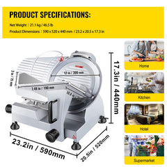 Commercial Meat Slicer, 320W Electric Deli Food Slicer, 12 inch Carbon Steel Blade Electric Food Slicer, 350-400RPM Meat Slicer, 0-0.6 inch Adjustable Thickness for Meat, Cheese, Veggies, Ham