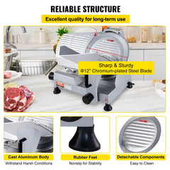 Commercial Meat Slicer, 320W Electric Deli Food Slicer, 12 inch Carbon Steel Blade Electric Food Slicer, 350-400RPM Meat Slicer, 0-0.6 inch Adjustable Thickness for Meat, Cheese, Veggies, Ham