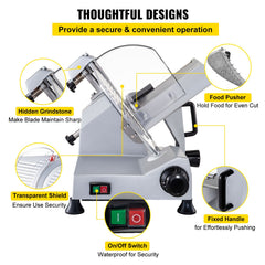 Commercial Meat Slicer, 320W Electric Deli Food Slicer, 12 inch Carbon Steel Blade Electric Food Slicer, 350-400RPM Meat Slicer, 0-0.6 inch Adjustable Thickness for Meat, Cheese, Veggies, Ham