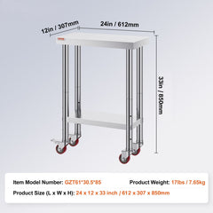 Stainless Steel Work Table with Wheels 24 x 12 x 32 Inch Prep Table with 4 Casters Heavy Duty Work Table for Commercial Kitchen Restaurant Business