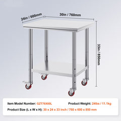 Stainless Steel Work Table with Wheels 24 x 30 Prep Table with casters Heavy Duty Work Table for Commercial Kitchen Restaurant Business (24 x 30 x 33.8 Inch)