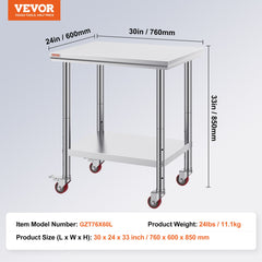 Stainless Steel Work Table with Wheels 24 x 30 Prep Table with casters Heavy Duty Work Table for Commercial Kitchen Restaurant Business (24 x 30 x 33.8 Inch)