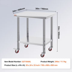 Stainless Steel Work Table with Wheels 24 x 30 Prep Table with casters Heavy Duty Work Table for Commercial Kitchen Restaurant Business (24 x 30 x 33.8 Inch)