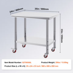 Stainless Steel Work Table 36x24 Inch with 4 Wheels Commercial Food Prep Worktable with Casters Heavy Duty Work Table for Commercial Kitchen Restaurant