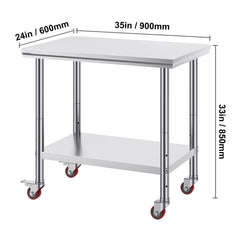 Stainless Steel Work Table 36x24 Inch with 4 Wheels Commercial Food Prep Worktable with Casters Heavy Duty Work Table for Commercial Kitchen Restaurant