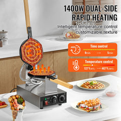 Commercial Bubble Waffle Maker, 1400W Egg Pancake Baker Machine, Non-Stick Stainless Steel Egg Bubble Puff, 180° Rotatable, Temp and Time Control, Wooden Handle, for Restaurant Bakery Snack Bar