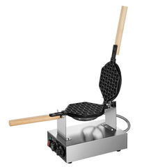 Commercial Bubble Waffle Maker, 1400W Egg Pancake Baker Machine, Non-Stick Stainless Steel Egg Bubble Puff, 180° Rotatable, Temp and Time Control, Wooden Handle, for Restaurant Bakery Snack Bar