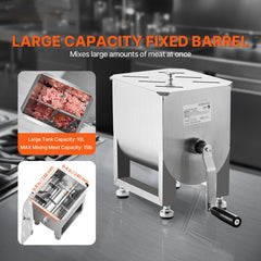 Manual Meat Mixer, 10L Fixed Tank Meat Processing Equipment(Mixing Maximum 15LBS for Meat), Stainless Steel Meat Mixer, Sausage Mixer Machine with Lid and Handle, Ground Beef Hand Mixer