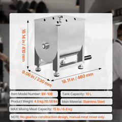 Manual Meat Mixer, 10L Fixed Tank Meat Processing Equipment(Mixing Maximum 15LBS for Meat), Stainless Steel Meat Mixer, Sausage Mixer Machine with Lid and Handle, Ground Beef Hand Mixer